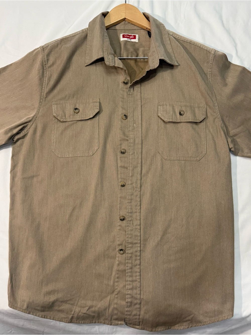Wrangler Mens L Work Shirt Tan Khaki Stretch Short Sleeve Utility Button Up